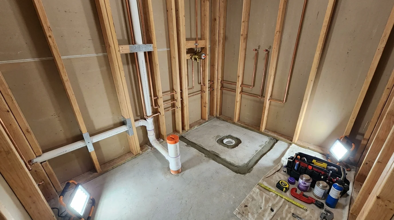 Bathroom rough-in plumbing during remodel by Johns Plumbing LLC in Glenolden