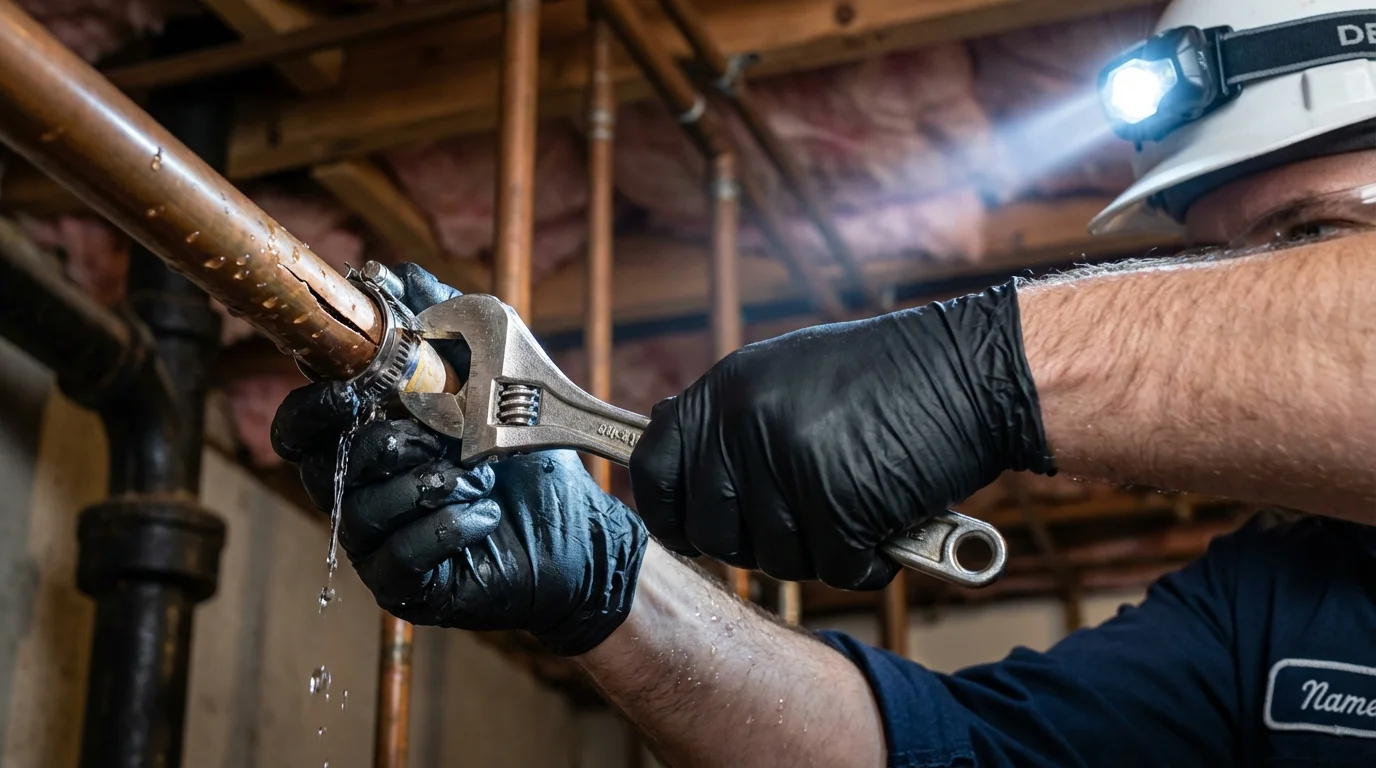Emergency pipe clamp repair being performed by a Johns Plumbing LLC plumber in Glenolden