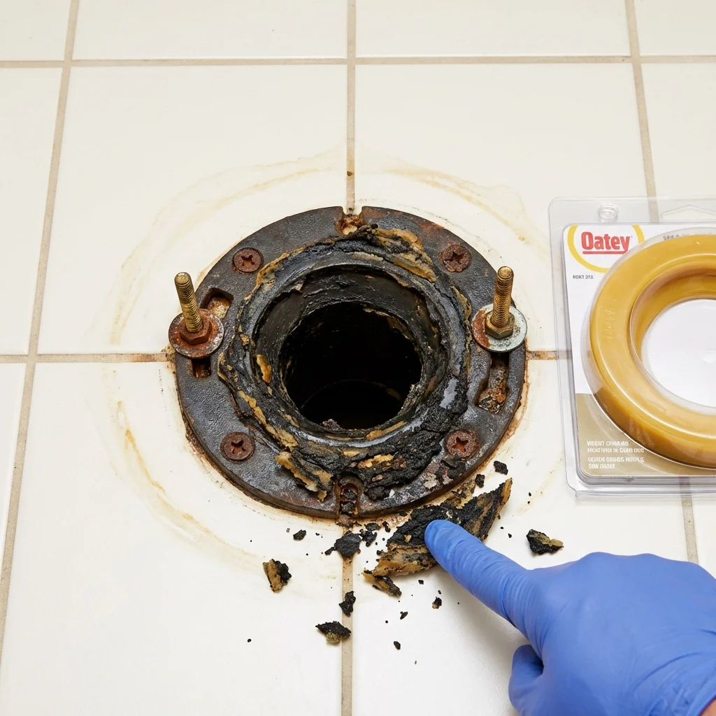 Failed wax ring showing water seepage at the base of a toilet in a Glenolden, PA home
