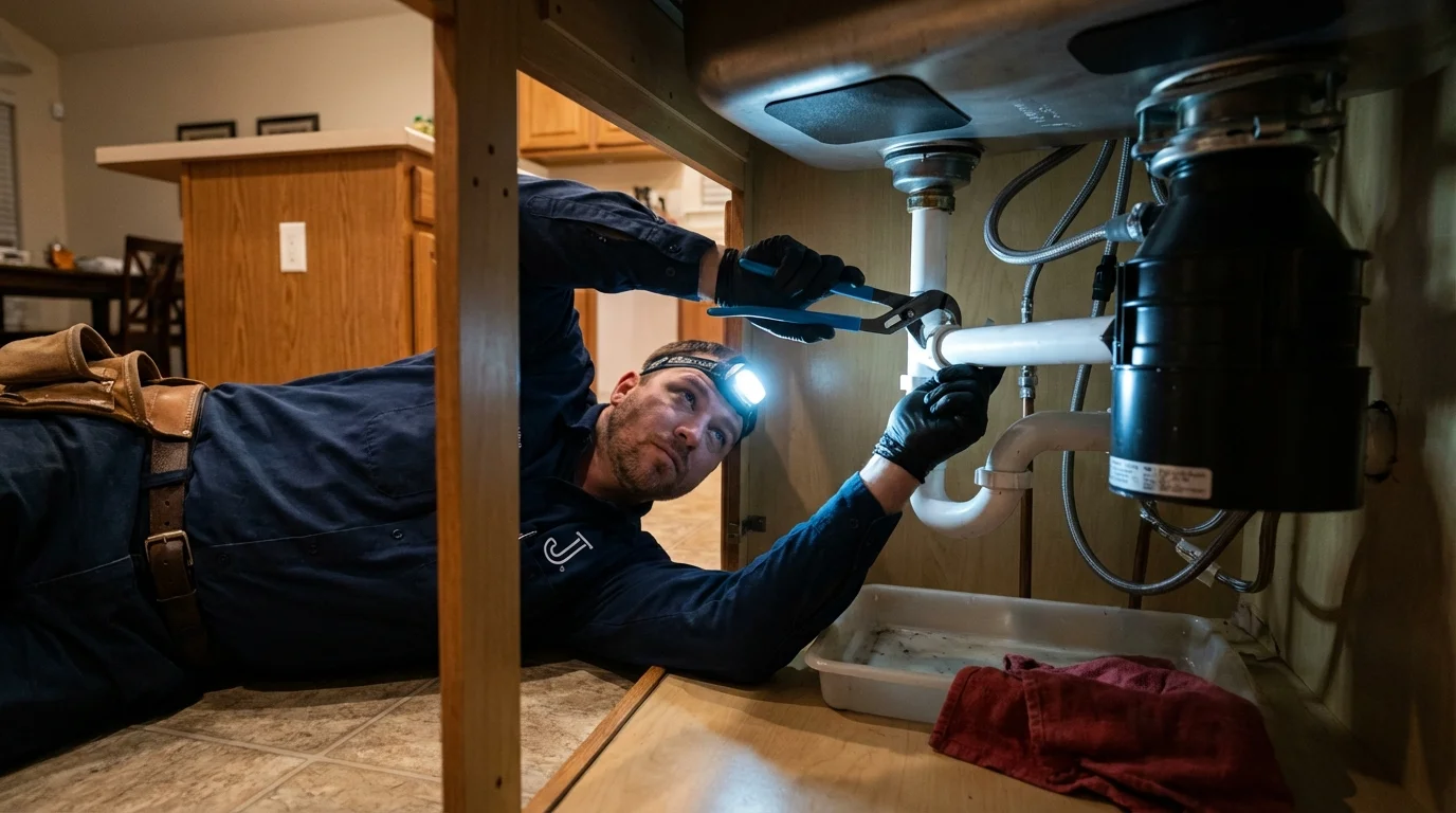 P-trap and supply line connections under a kitchen sink showing a common leak point in Glenolden, PA